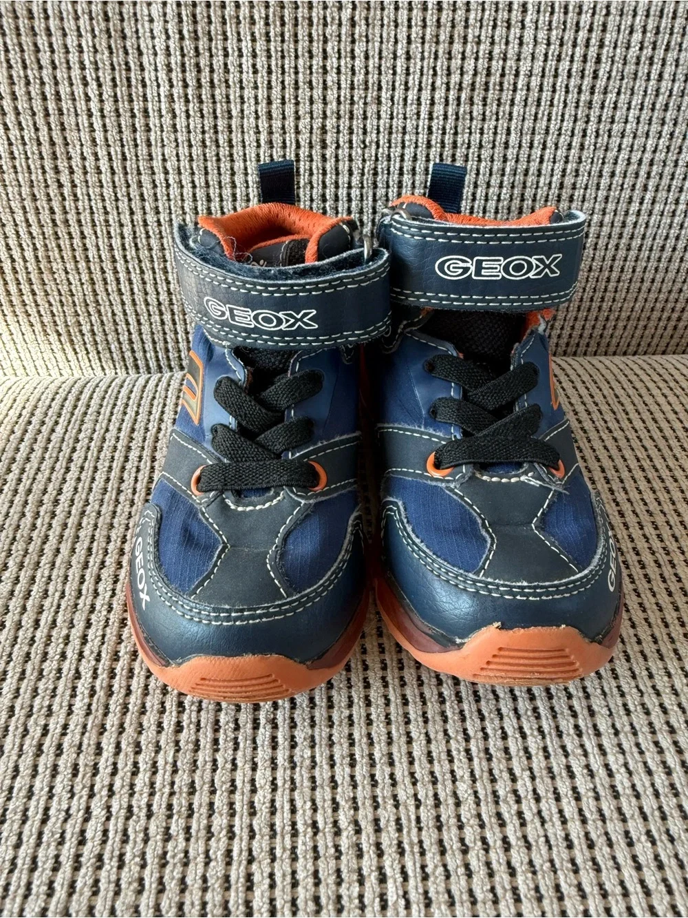 Geox Kids Navy and Orange High-Top Sneakers with Hook-and-Loop Strap